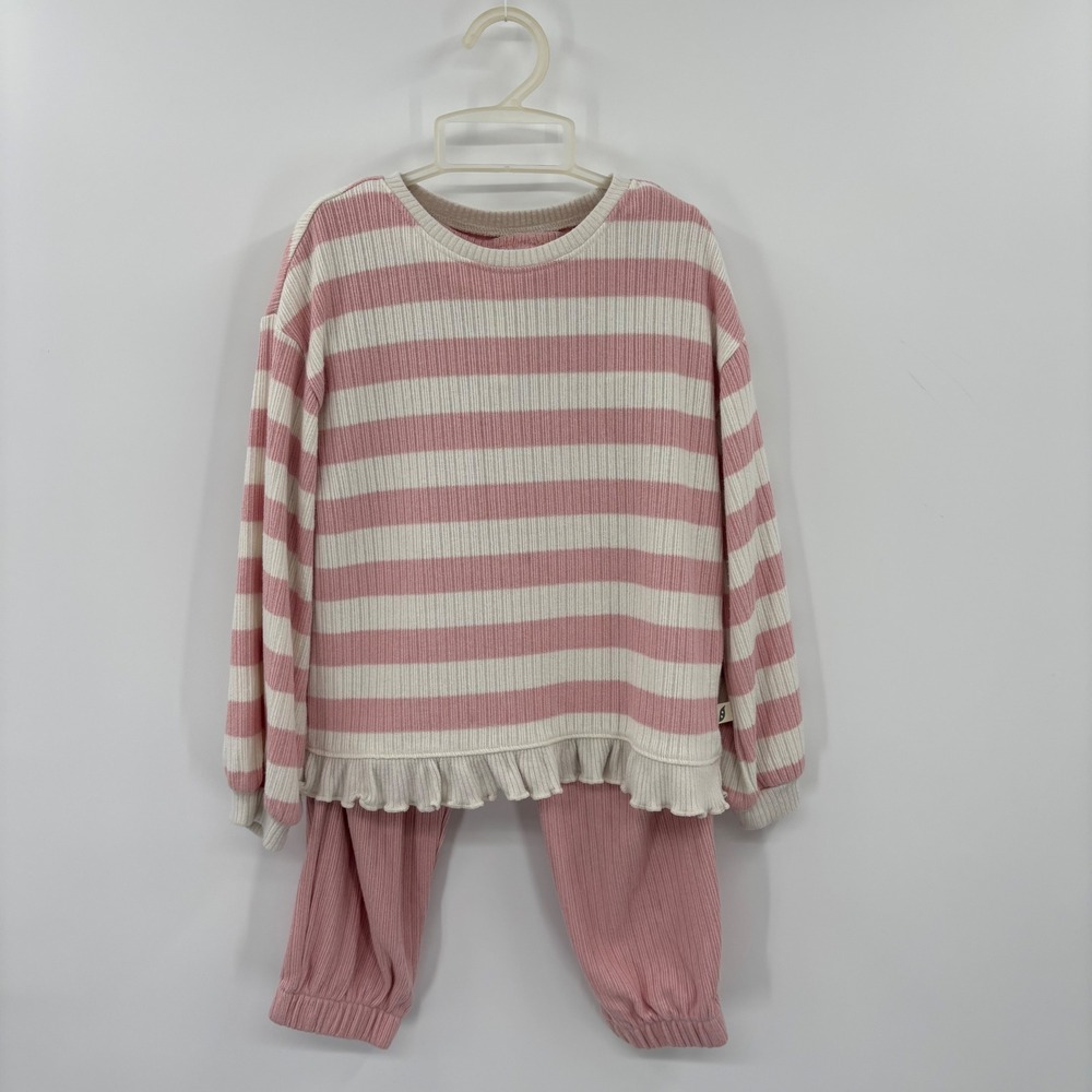 Easy-Peasy Set Girls 5T Pink Striped Ruffle Ribbed Knit Loungewear Joggers‎ Cute